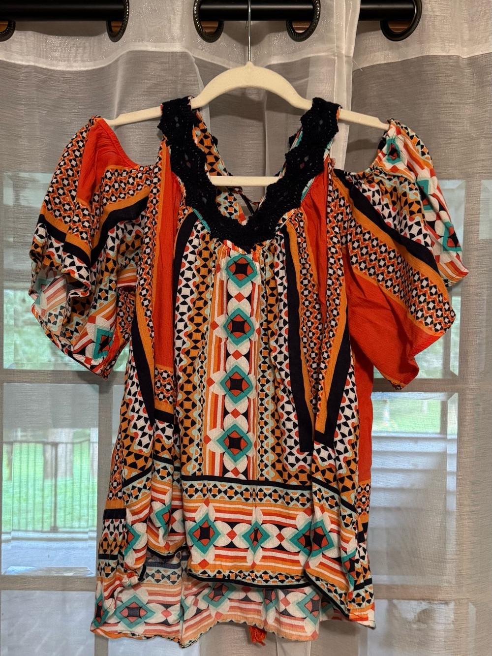 crown & ivy Orange Geometric Cold-Shoulder Tunic with Black Crochet Trim